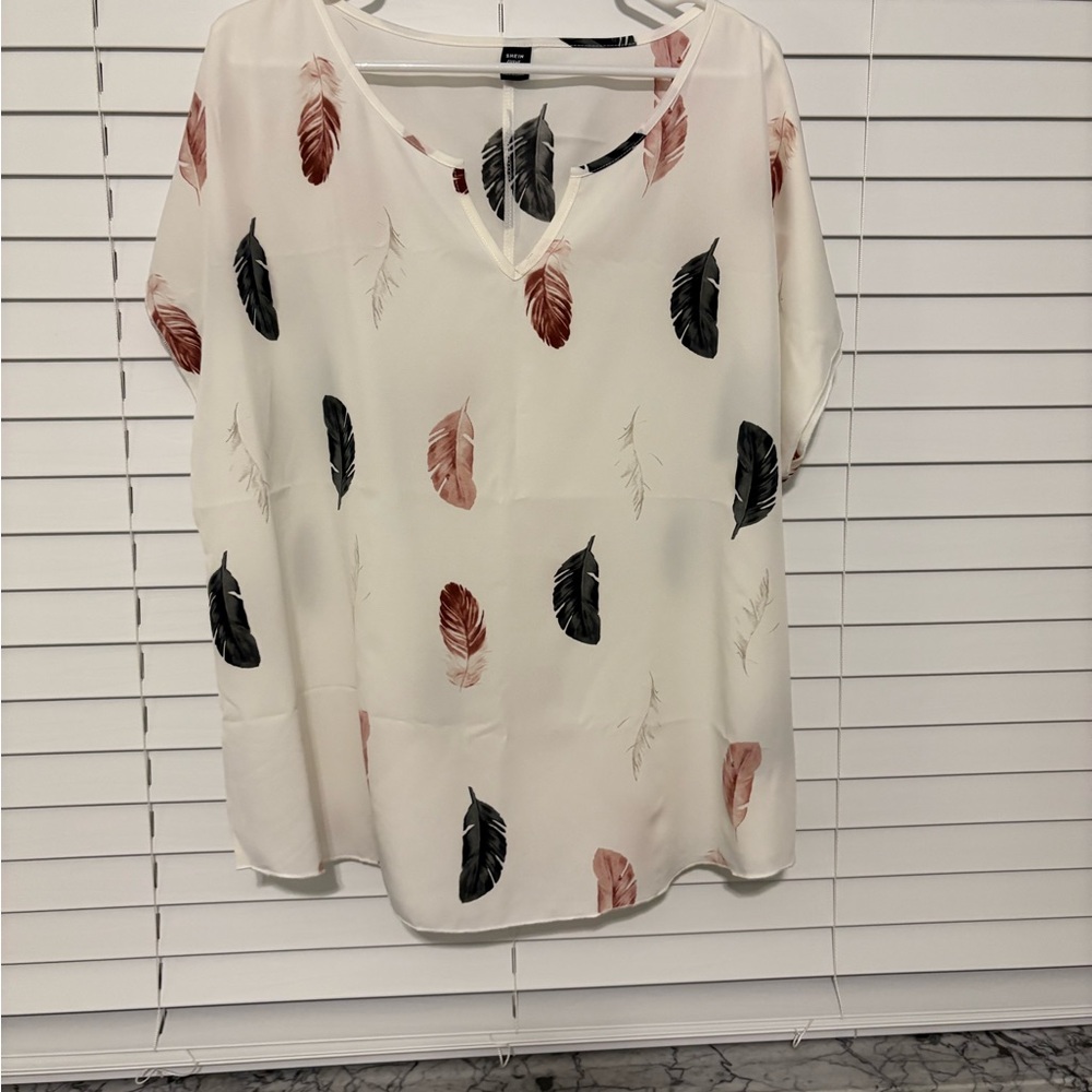 SHEIN Feather Print Blouse - Black, Pink, White